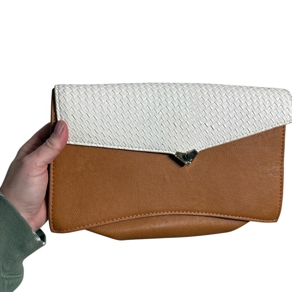 Tan & White Woven Flap Clutch Crossbody( no strap )‎ Vegan Leather Minimalist